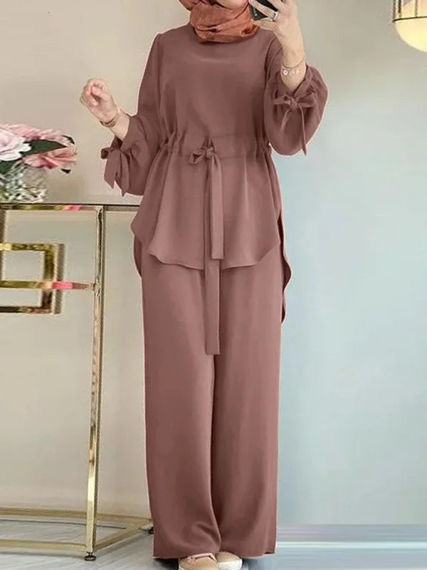 Muslim New Womens Clothing Solid Color Waist Top Wide-leg Elegant Fashion Lantern Sleeve Pants Sets for Women