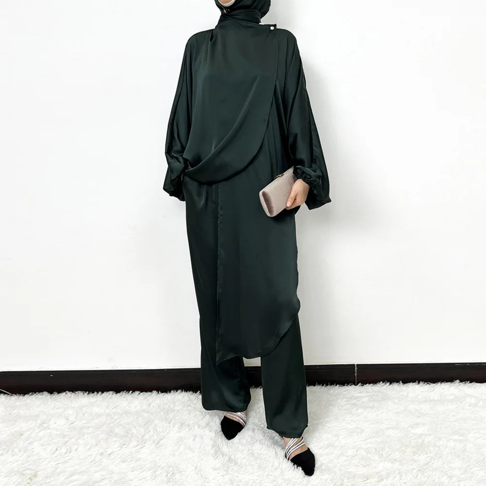 2pcs Muslim Women Irregular Tops Pants Set Dubai Abaya Dress Kaftan Tracksuit Islam Clothing Outfits Femme Musulmane Ensembles