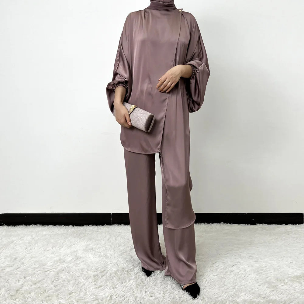 2pcs Muslim Women Irregular Tops Pants Set Dubai Abaya Dress Kaftan Tracksuit Islam Clothing Outfits Femme Musulmane Ensembles
