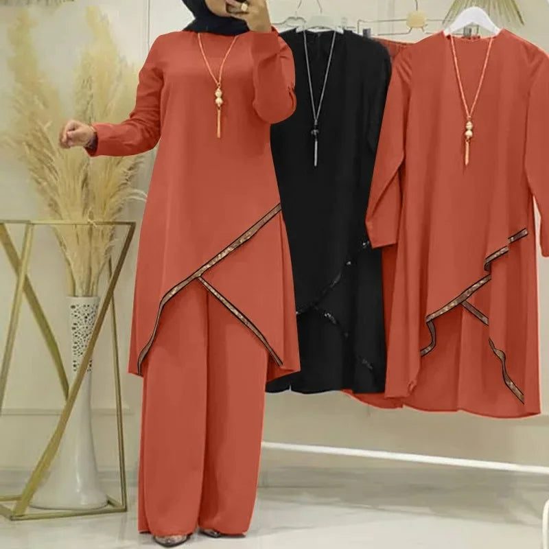Spring and Autumn Muslim Two-piece Set Long Sleeve O-Neck Long Sleeve Shirt Wide Leg Casual Ladies Pants Sets