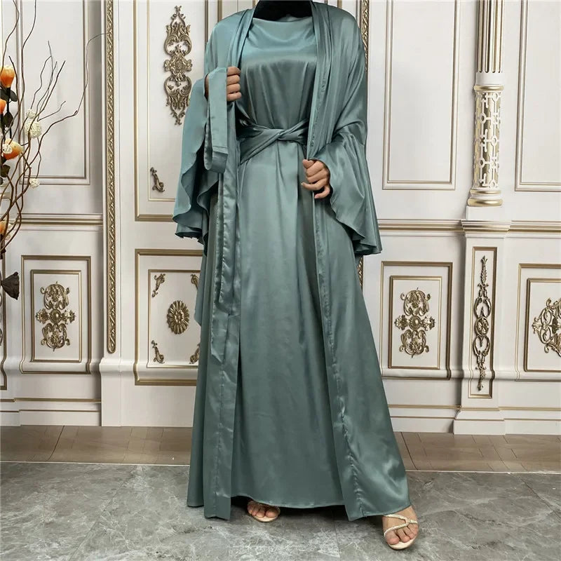 Shiny Satin Kimono Muslim Open Abayas for Women Dubai 2 Piece Set Dress Turkey Ramadan Kaftan Clothing Islamic Outfits Arab Gown