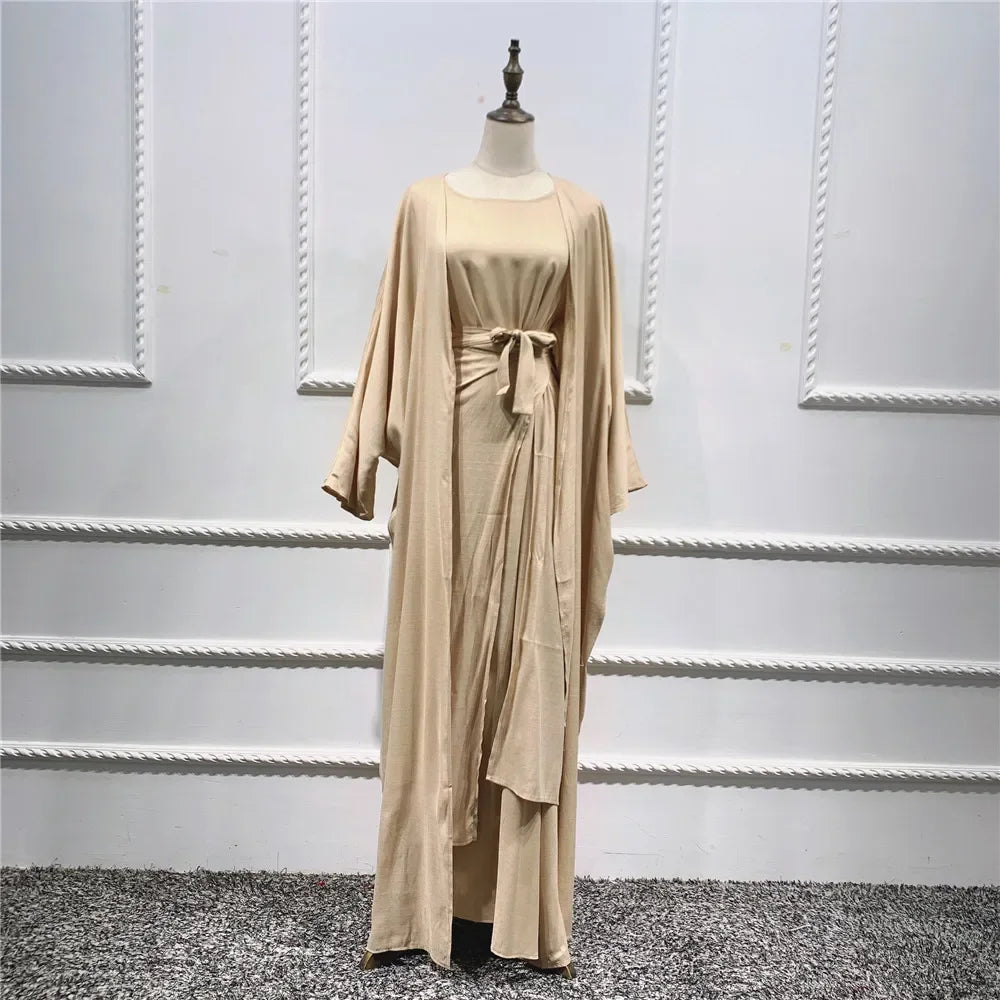 Eid Modest Muslim Matching Clothing Women Hijab Dress Open Abaya Wrap Skirt Set Dubai Kimono Turkey Kaftan Islam Outfits Ramadan