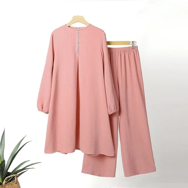 Muslim Womens Clothing Fashion Spring and Autumn New Solid Color Elegant Long-sleeved Shirt Loose Wide-leg Pants Sets