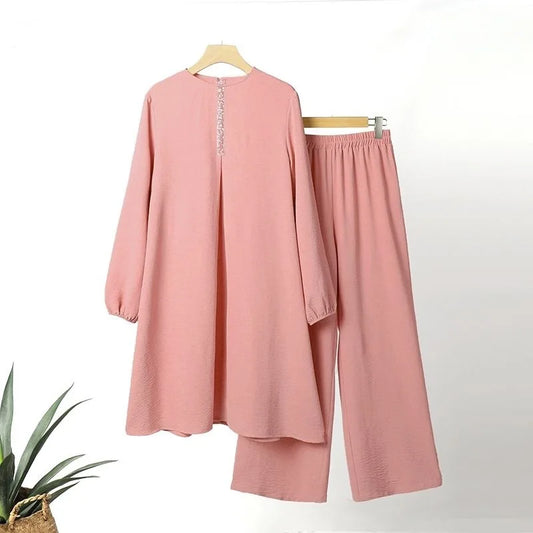 Muslim Womens Clothing Fashion Spring and Autumn New Solid Color Elegant Long-sleeved Shirt Loose Wide-leg Pants Sets