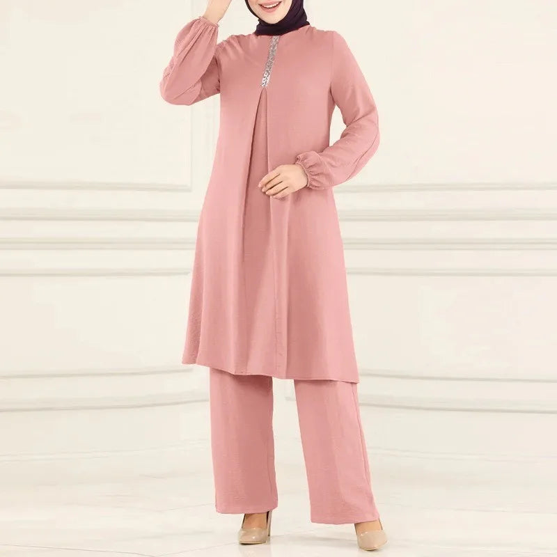 Muslim Womens Clothing Fashion Spring and Autumn New Solid Color Elegant Long-sleeved Shirt Loose Wide-leg Pants Sets