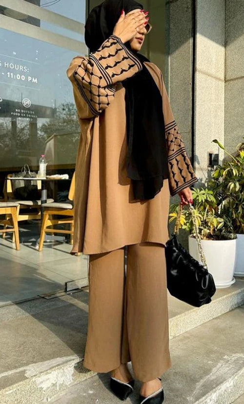 2Piece Abaya Sets Turkey Clothing Dubai Islamic Casual Wear Tracksuit Arabic Fashion Outfits Muslim Women Embroidery Tops Pants