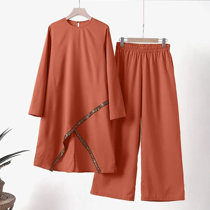 Spring and Autumn Muslim Two-piece Set Long Sleeve O-Neck Long Sleeve Shirt Wide Leg Casual Ladies Pants Sets