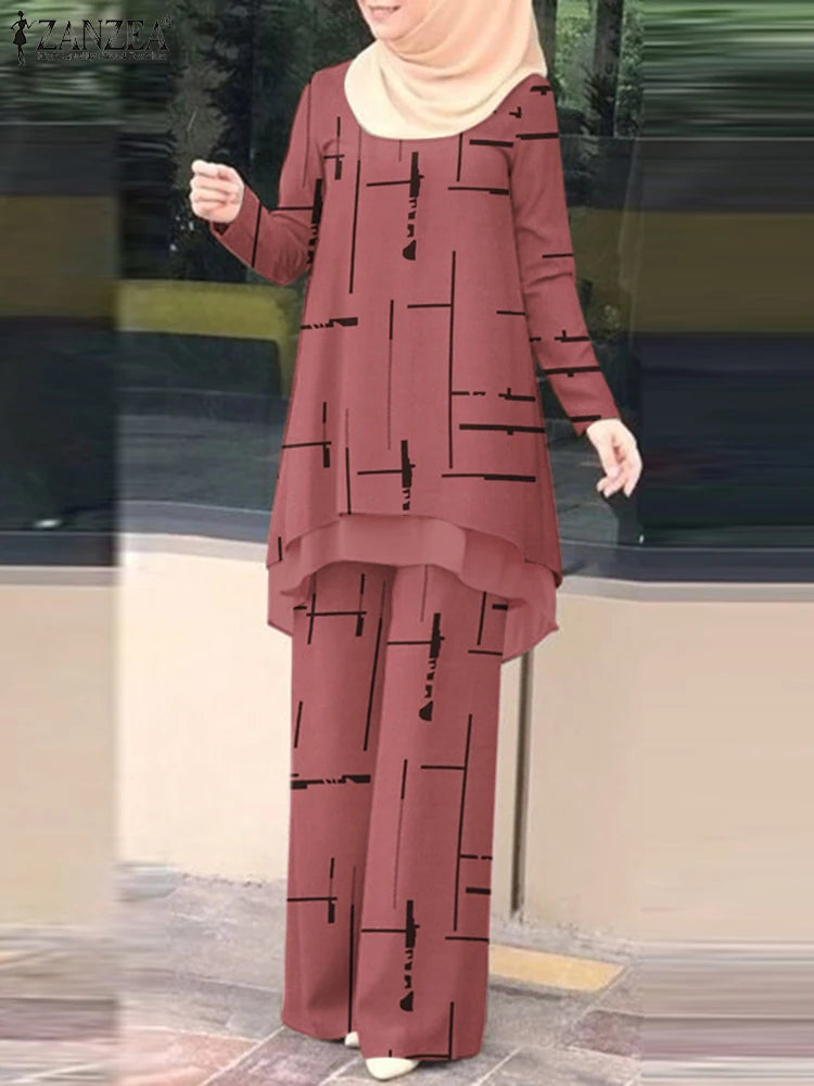 ZANZEA Muslim Women Pant Sets Islamic All-over Printed Long Top and Wide Leg Pant 2pcs Outfits Vintage Elegant 2-Pieces Suits