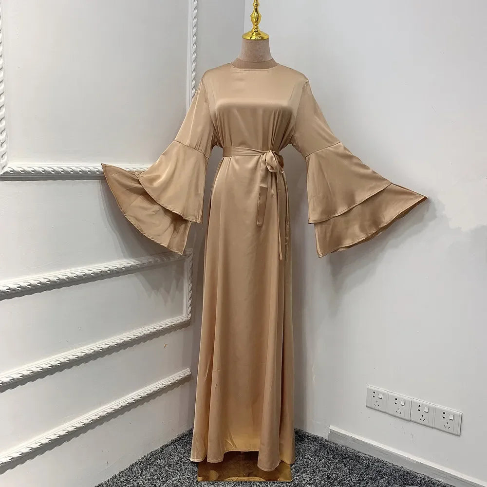 Ramadan Eid Satin Hijab Dress Dubai Abaya Turkey Summer Flare Sleeve Muslim Fashion Maxi Dresses for Women Islam Clothing kaftan