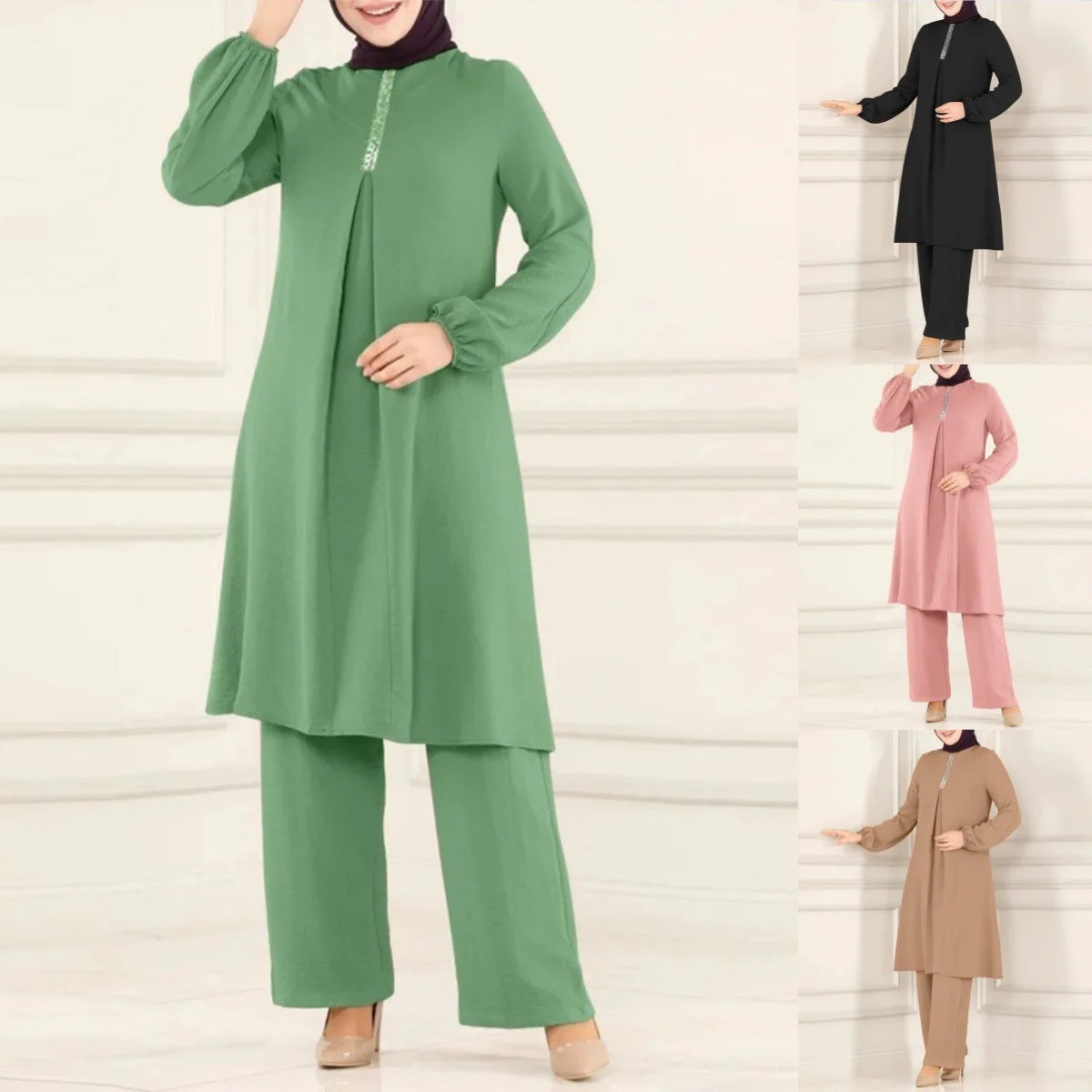 Muslim Womens Clothing Fashion Spring and Autumn New Solid Color Elegant Long-sleeved Shirt Loose Wide-leg Pants Sets