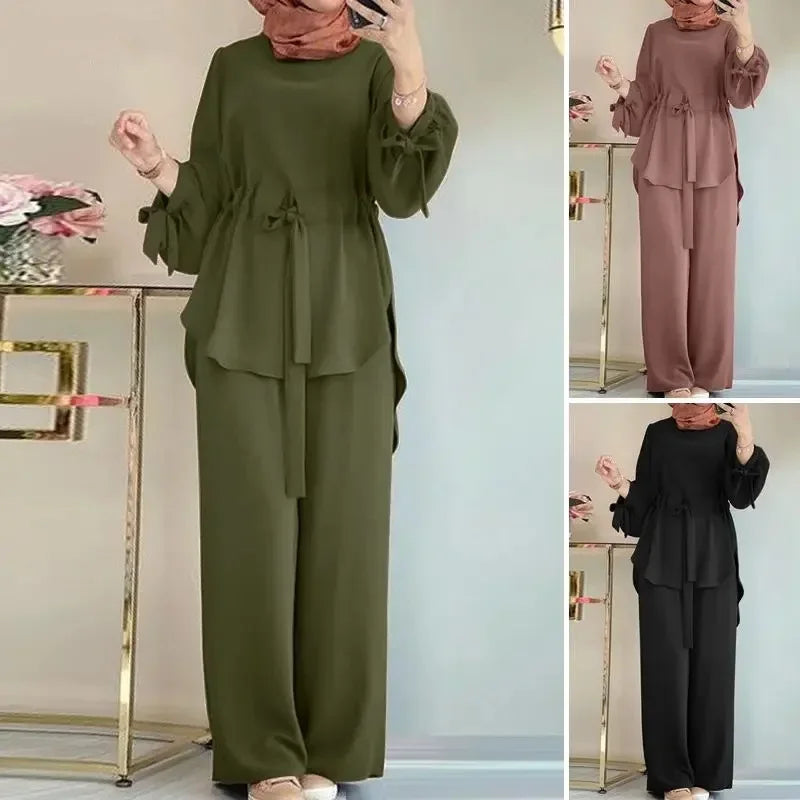 Muslim New Womens Clothing Solid Color Waist Top Wide-leg Elegant Fashion Lantern Sleeve Pants Sets for Women