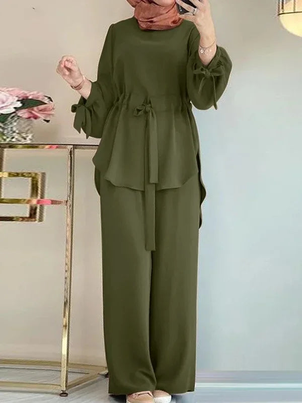 Muslim New Womens Clothing Solid Color Waist Top Wide-leg Elegant Fashion Lantern Sleeve Pants Sets for Women