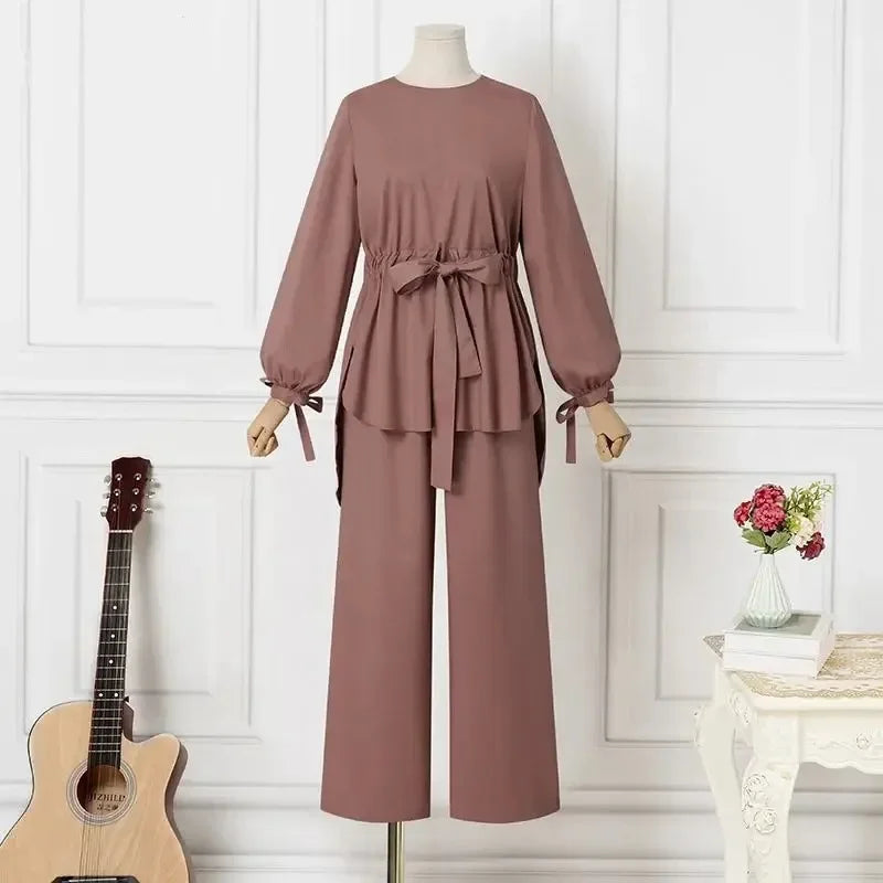 Muslim New Womens Clothing Solid Color Waist Top Wide-leg Elegant Fashion Lantern Sleeve Pants Sets for Women