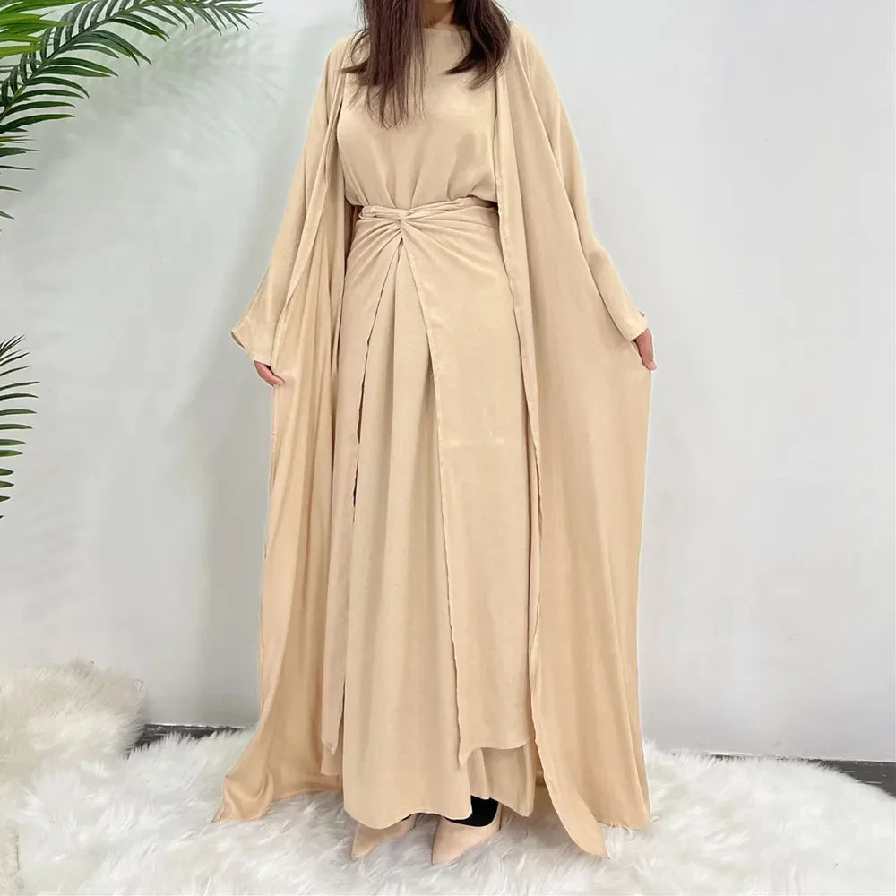 Eid Modest Muslim Matching Clothing Women Hijab Dress Open Abaya Wrap Skirt Set Dubai Kimono Turkey Kaftan Islam Outfits Ramadan