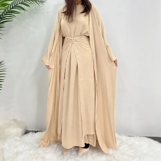 Eid Modest Muslim Matching Clothing Women Hijab Dress Open Abaya Wrap Skirt Set Dubai Kimono Turkey Kaftan Islam Outfits Ramadan