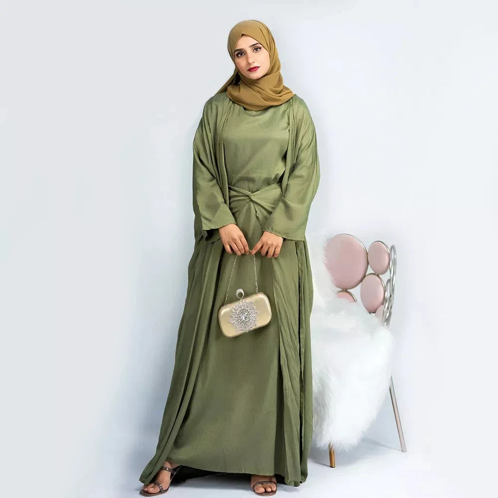 Eid Modest Muslim Matching Clothing Women Hijab Dress Open Abaya Wrap Skirt Set Dubai Kimono Turkey Kaftan Islam Outfits Ramadan
