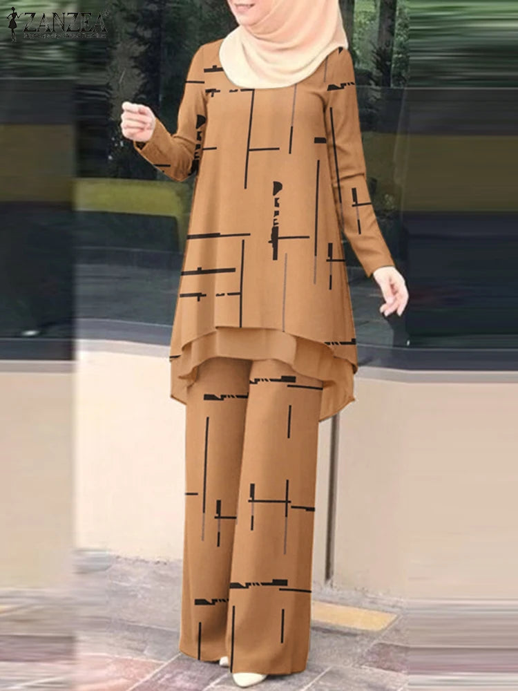 ZANZEA Muslim Women Pant Sets Islamic All-over Printed Long Top and Wide Leg Pant 2pcs Outfits Vintage Elegant 2-Pieces Suits