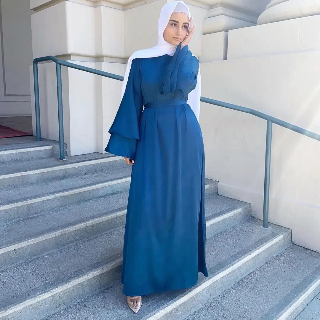 Ramadan Eid Satin Hijab Dress Dubai Abaya Turkey Summer Flare Sleeve Muslim Fashion Maxi Dresses for Women Islam Clothing kaftan