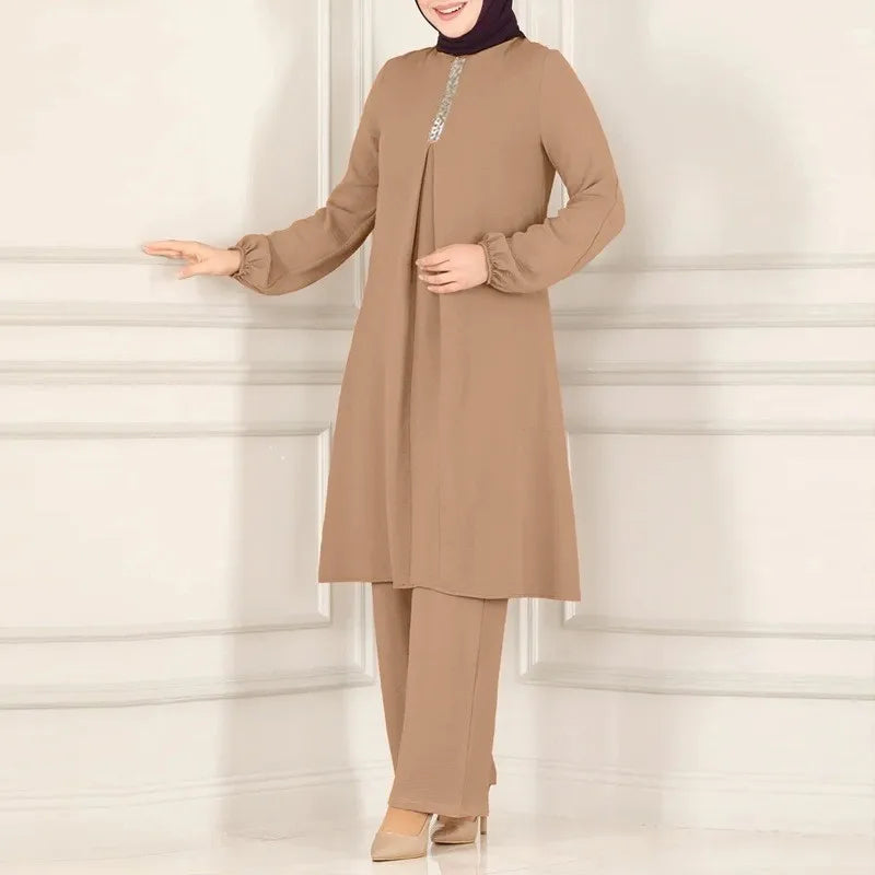 Muslim Womens Clothing Fashion Spring and Autumn New Solid Color Elegant Long-sleeved Shirt Loose Wide-leg Pants Sets