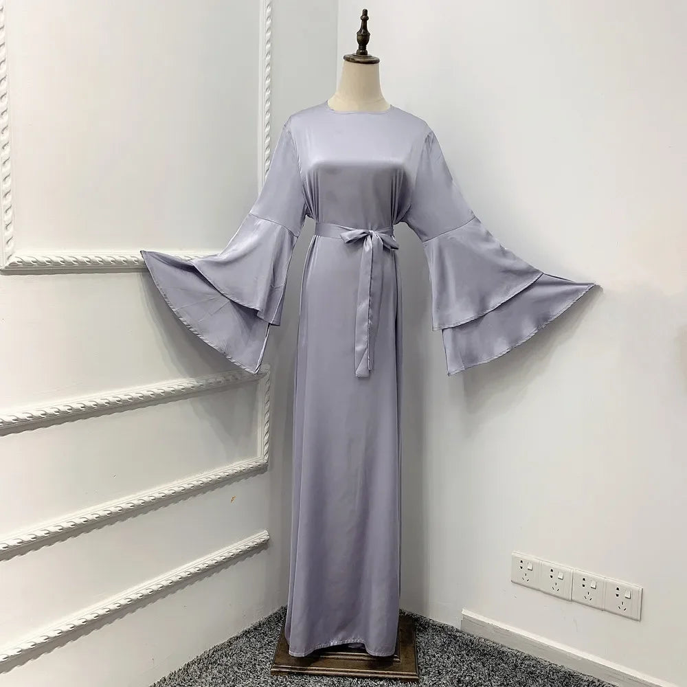 Ramadan Eid Satin Hijab Dress Dubai Abaya Turkey Summer Flare Sleeve Muslim Fashion Maxi Dresses for Women Islam Clothing kaftan