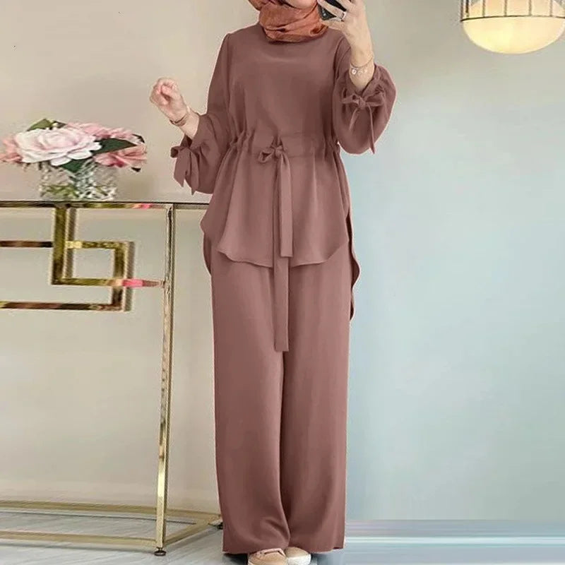 Muslim New Womens Clothing Solid Color Waist Top Wide-leg Elegant Fashion Lantern Sleeve Pants Sets for Women