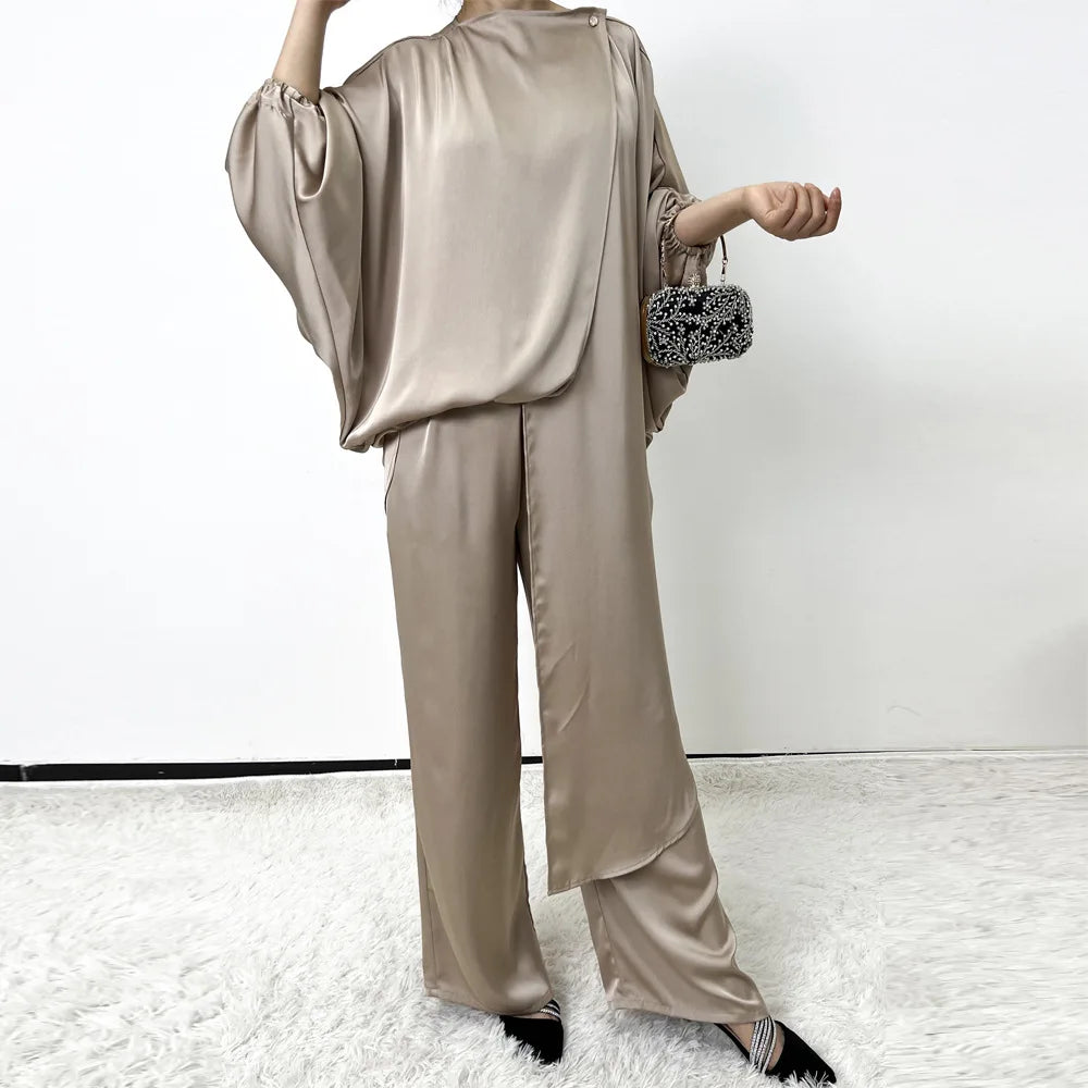 2pcs Muslim Women Irregular Tops Pants Set Dubai Abaya Dress Kaftan Tracksuit Islam Clothing Outfits Femme Musulmane Ensembles