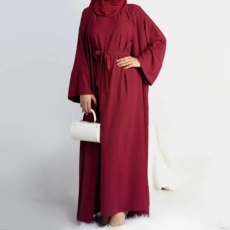 2 Piece Abaya Long Dress for Women Ramadan Jazz Crepe Islamic Clothing Hijab Robe Dubai Turkish Party Kaftan Outfit Muslim Set