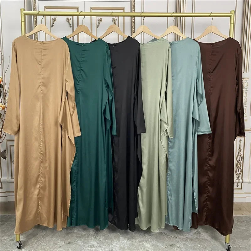 Shiny Satin Kimono Muslim Open Abayas for Women Dubai 2 Piece Set Dress Turkey Ramadan Kaftan Clothing Islamic Outfits Arab Gown