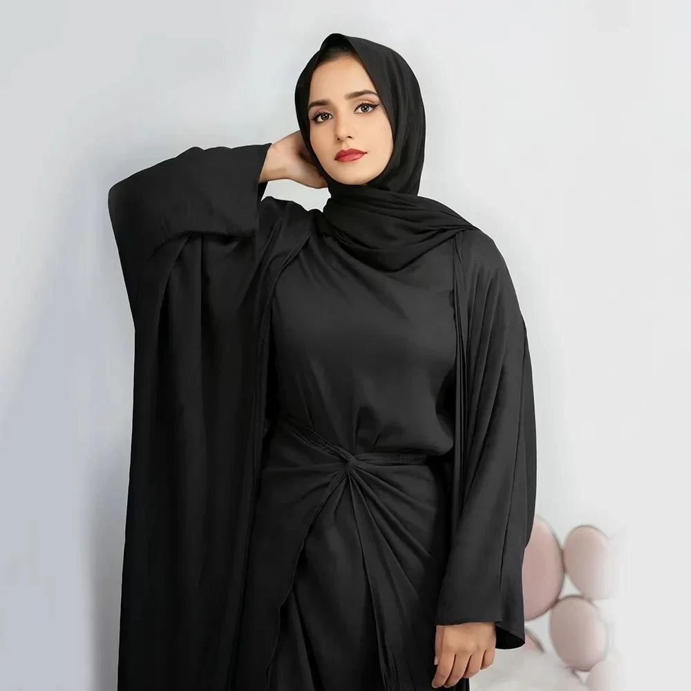 Eid Modest Muslim Matching Clothing Women Hijab Dress Open Abaya Wrap Skirt Set Dubai Kimono Turkey Kaftan Islam Outfits Ramadan
