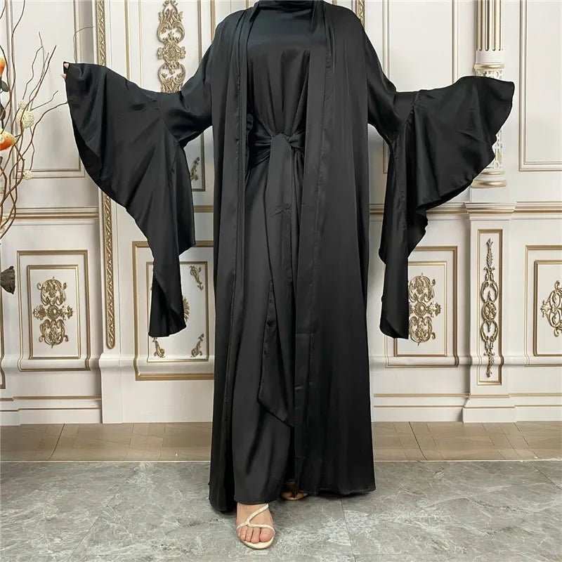Shiny Satin Kimono Muslim Open Abayas for Women Dubai 2 Piece Set Dress Turkey Ramadan Kaftan Clothing Islamic Outfits Arab Gown