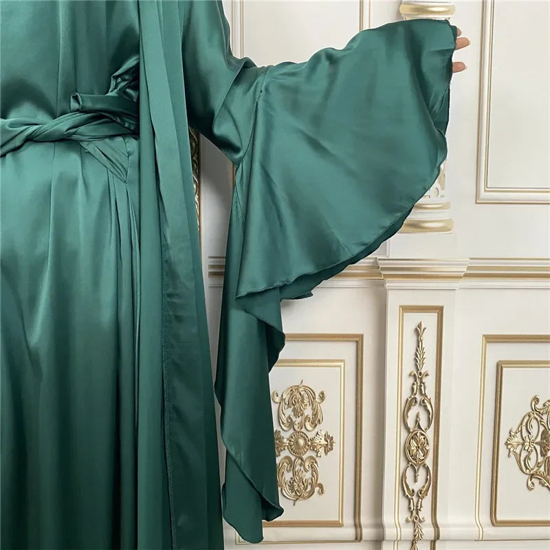 Shiny Satin Kimono Muslim Open Abayas for Women Dubai 2 Piece Set Dress Turkey Ramadan Kaftan Clothing Islamic Outfits Arab Gown