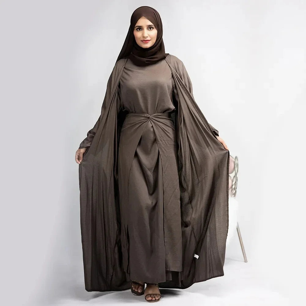 Eid Modest Muslim Matching Clothing Women Hijab Dress Open Abaya Wrap Skirt Set Dubai Kimono Turkey Kaftan Islam Outfits Ramadan