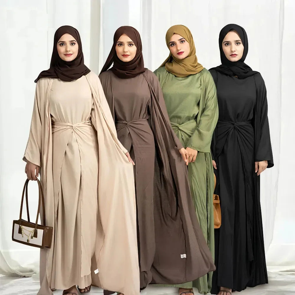 Eid Modest Muslim Matching Clothing Women Hijab Dress Open Abaya Wrap Skirt Set Dubai Kimono Turkey Kaftan Islam Outfits Ramadan