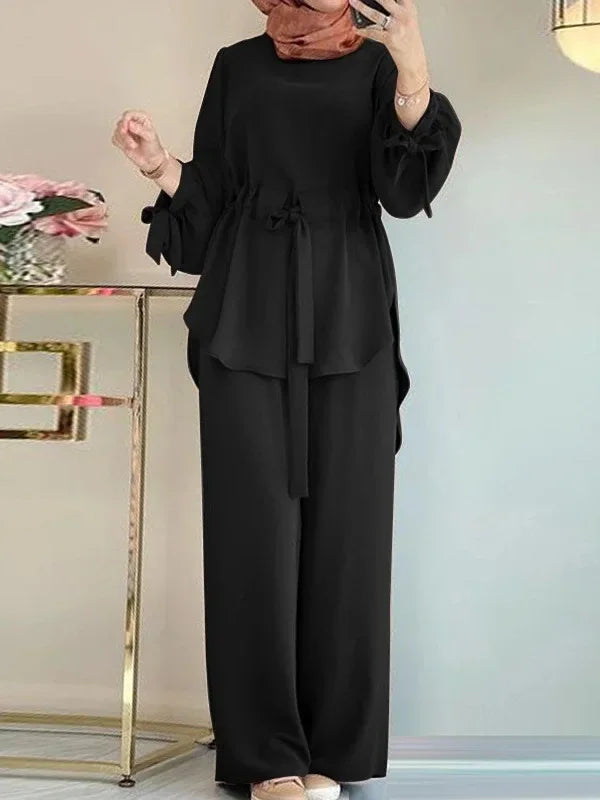 Muslim New Womens Clothing Solid Color Waist Top Wide-leg Elegant Fashion Lantern Sleeve Pants Sets for Women