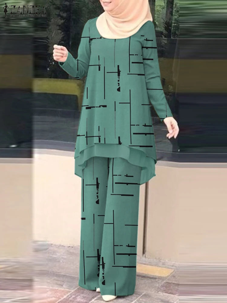 ZANZEA Muslim Women Pant Sets Islamic All-over Printed Long Top and Wide Leg Pant 2pcs Outfits Vintage Elegant 2-Pieces Suits