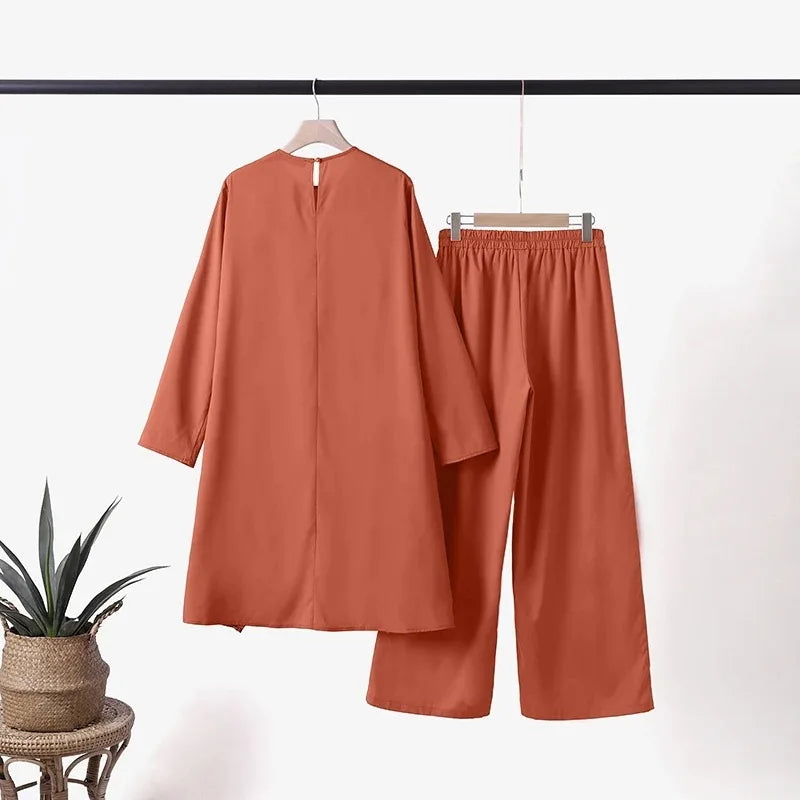 Spring and Autumn Muslim Two-piece Set Long Sleeve O-Neck Long Sleeve Shirt Wide Leg Casual Ladies Pants Sets