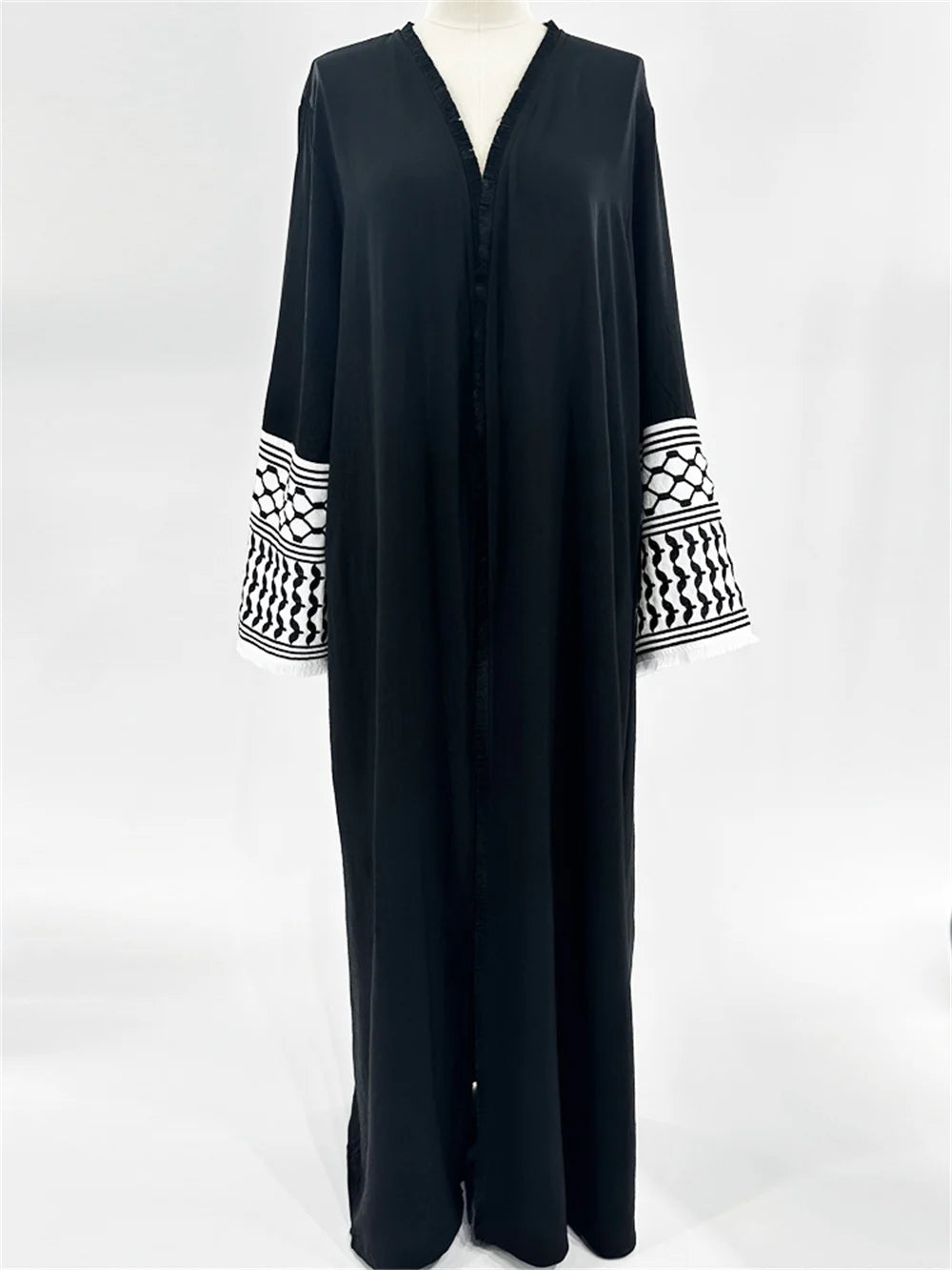 Black Open Front Abaya Muslim Long Sleeve Kimono Abayas Maxi Dress Women's Clothing Tassel Embroidery Out Kaftans Women Jilbabs