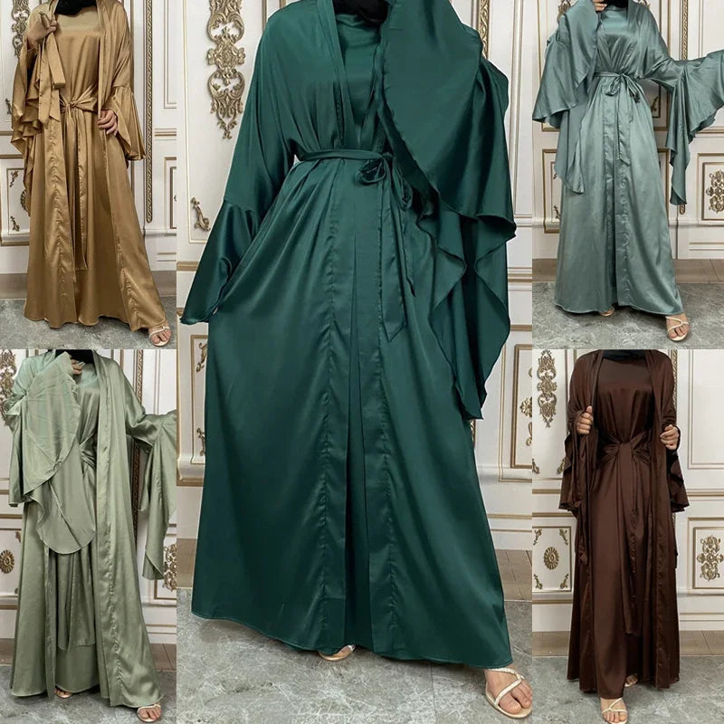 Shiny Satin Kimono Muslim Open Abayas for Women Dubai 2 Piece Set Dress Turkey Ramadan Kaftan Clothing Islamic Outfits Arab Gown