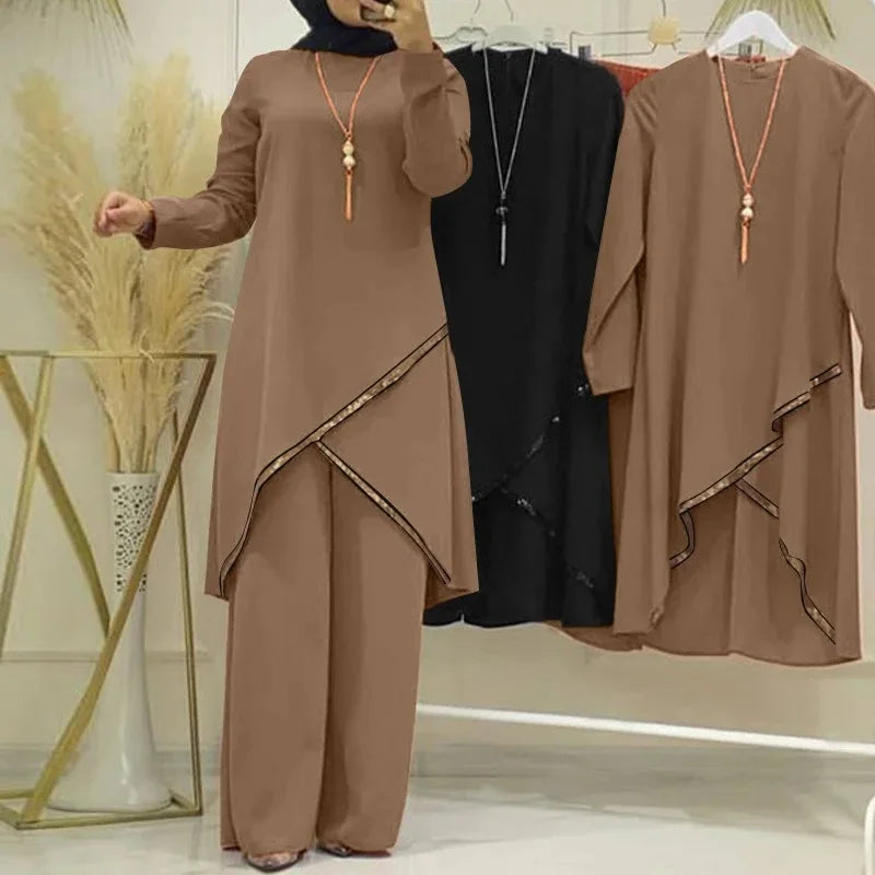 Spring and Autumn Muslim Two-piece Set Long Sleeve O-Neck Long Sleeve Shirt Wide Leg Casual Ladies Pants Sets