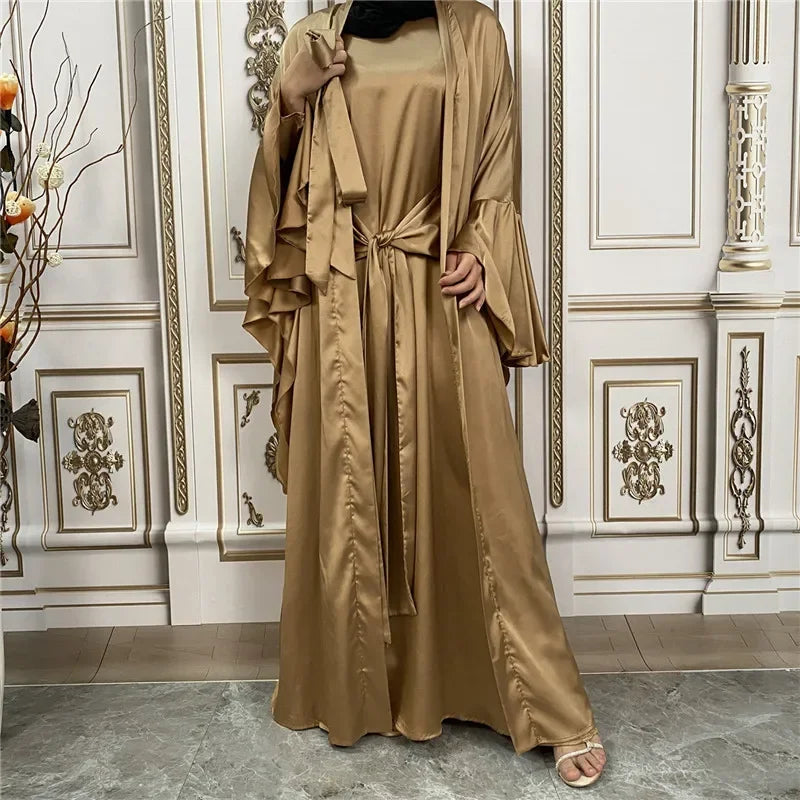 Shiny Satin Kimono Muslim Open Abayas for Women Dubai 2 Piece Set Dress Turkey Ramadan Kaftan Clothing Islamic Outfits Arab Gown