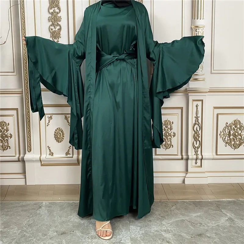 Shiny Satin Kimono Muslim Open Abayas for Women Dubai 2 Piece Set Dress Turkey Ramadan Kaftan Clothing Islamic Outfits Arab Gown