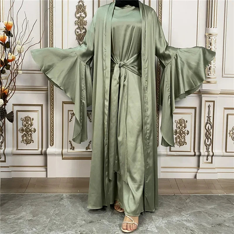 Shiny Satin Kimono Muslim Open Abayas for Women Dubai 2 Piece Set Dress Turkey Ramadan Kaftan Clothing Islamic Outfits Arab Gown