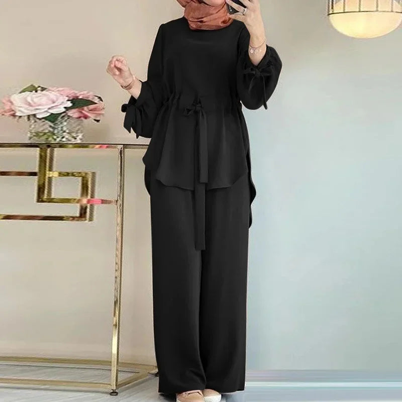 Muslim New Womens Clothing Solid Color Waist Top Wide-leg Elegant Fashion Lantern Sleeve Pants Sets for Women