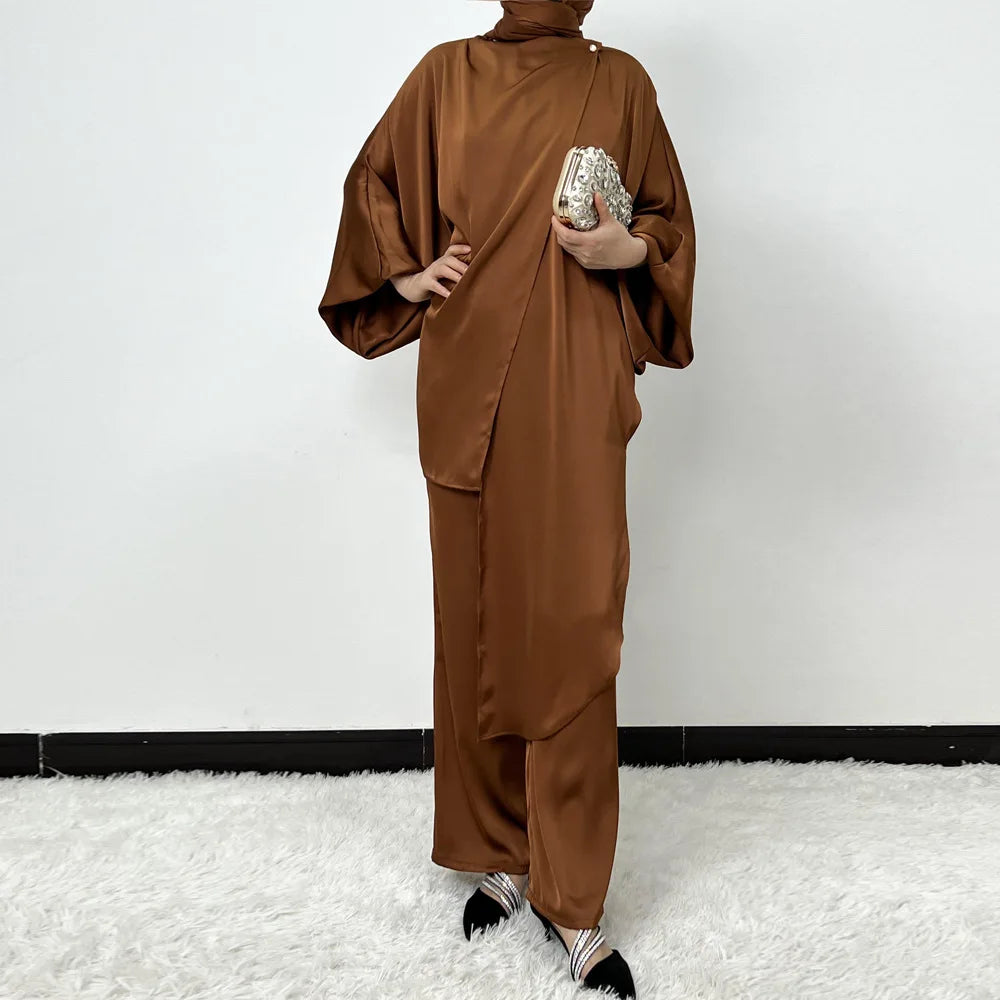 2pcs Muslim Women Irregular Tops Pants Set Dubai Abaya Dress Kaftan Tracksuit Islam Clothing Outfits Femme Musulmane Ensembles