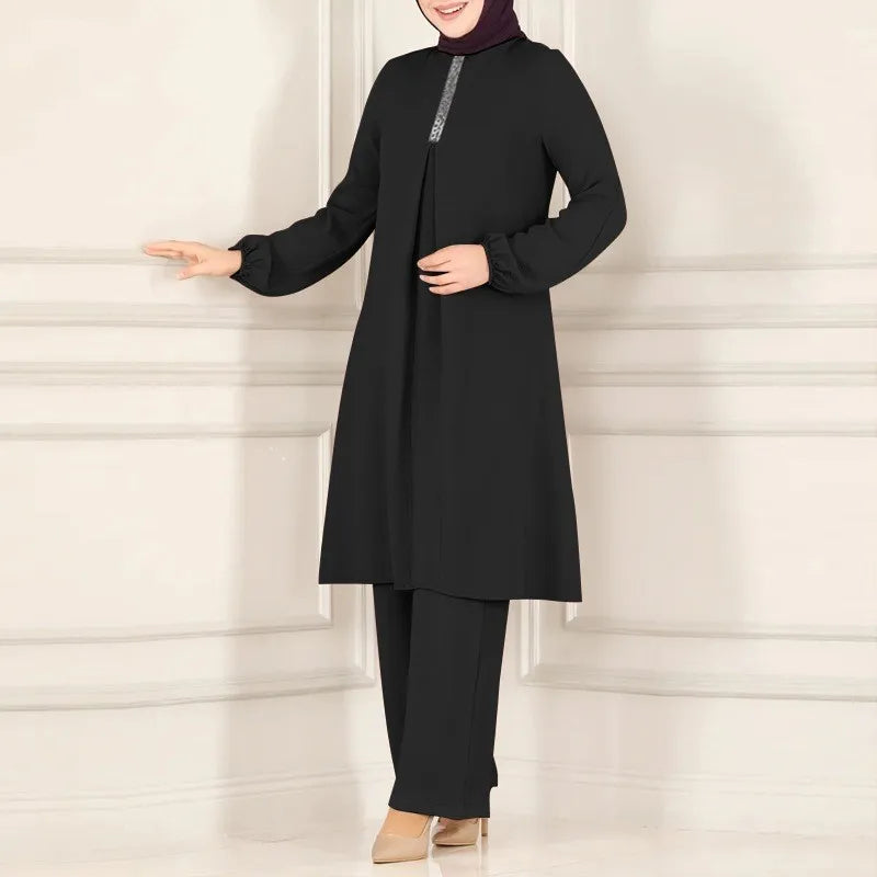 Muslim Womens Clothing Fashion Spring and Autumn New Solid Color Elegant Long-sleeved Shirt Loose Wide-leg Pants Sets