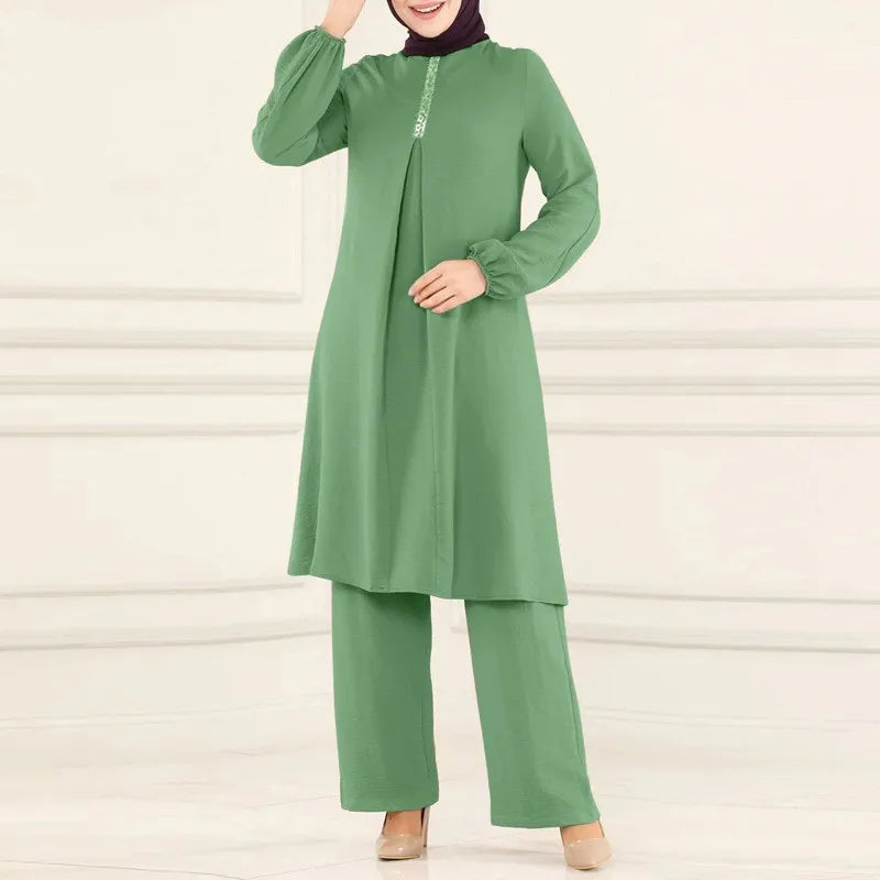 Muslim Womens Clothing Fashion Spring and Autumn New Solid Color Elegant Long-sleeved Shirt Loose Wide-leg Pants Sets