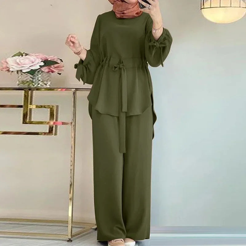 Muslim New Womens Clothing Solid Color Waist Top Wide-leg Elegant Fashion Lantern Sleeve Pants Sets for Women