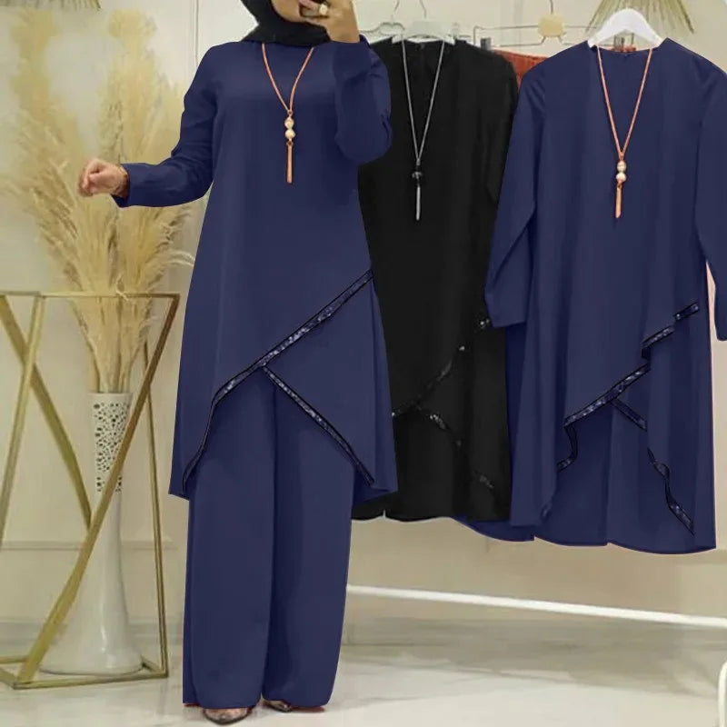 Spring and Autumn Muslim Two-piece Set Long Sleeve O-Neck Long Sleeve Shirt Wide Leg Casual Ladies Pants Sets