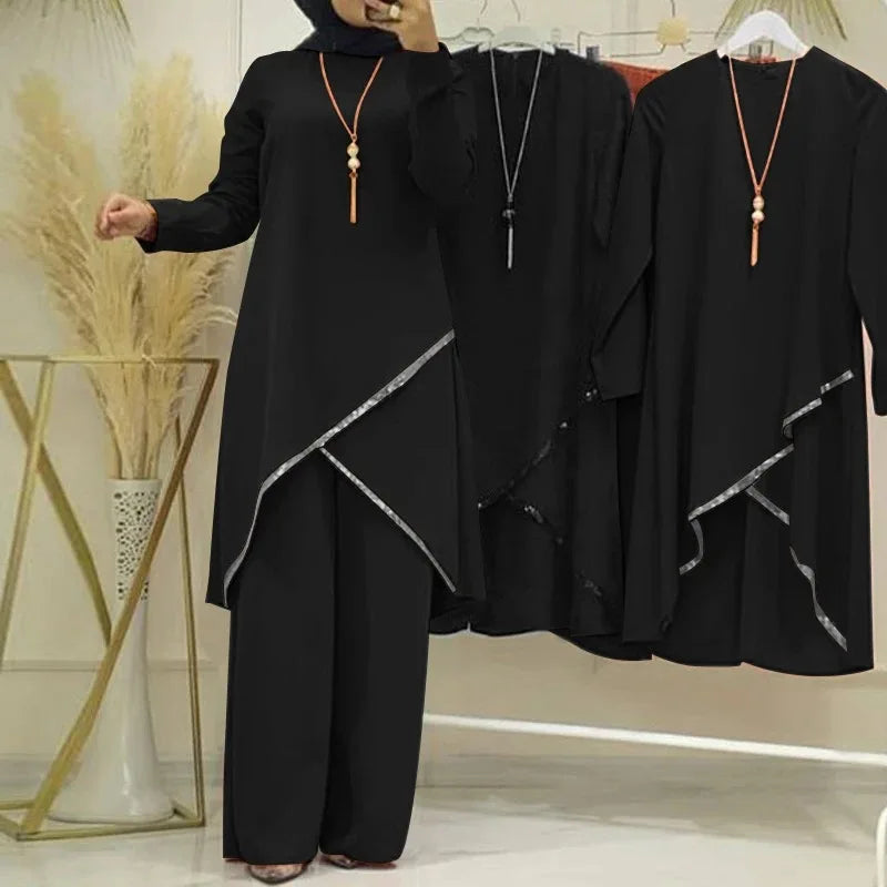 Spring and Autumn Muslim Two-piece Set Long Sleeve O-Neck Long Sleeve Shirt Wide Leg Casual Ladies Pants Sets