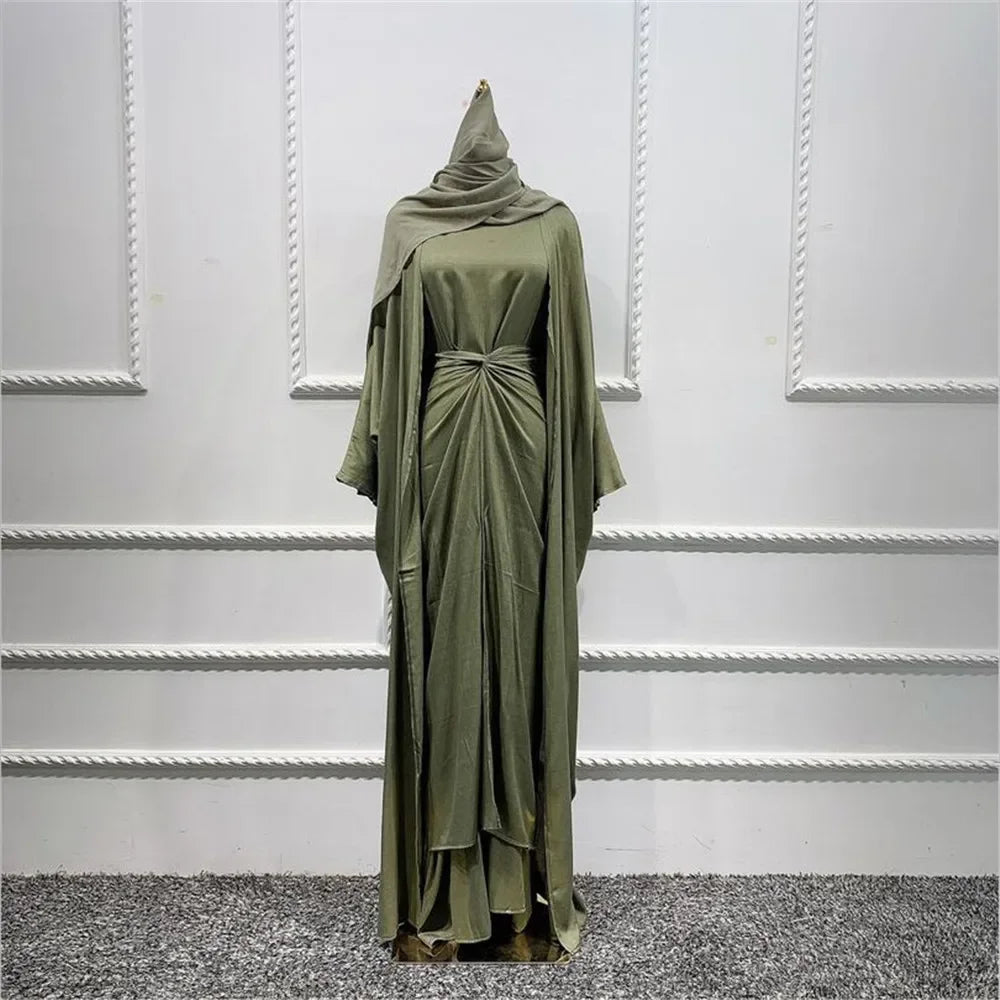 Eid Modest Muslim Matching Clothing Women Hijab Dress Open Abaya Wrap Skirt Set Dubai Kimono Turkey Kaftan Islam Outfits Ramadan